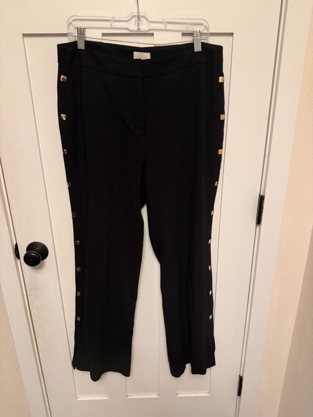Chicos Pants Womens Large Black Side Gold Button Straight Leg Slacks Size 10